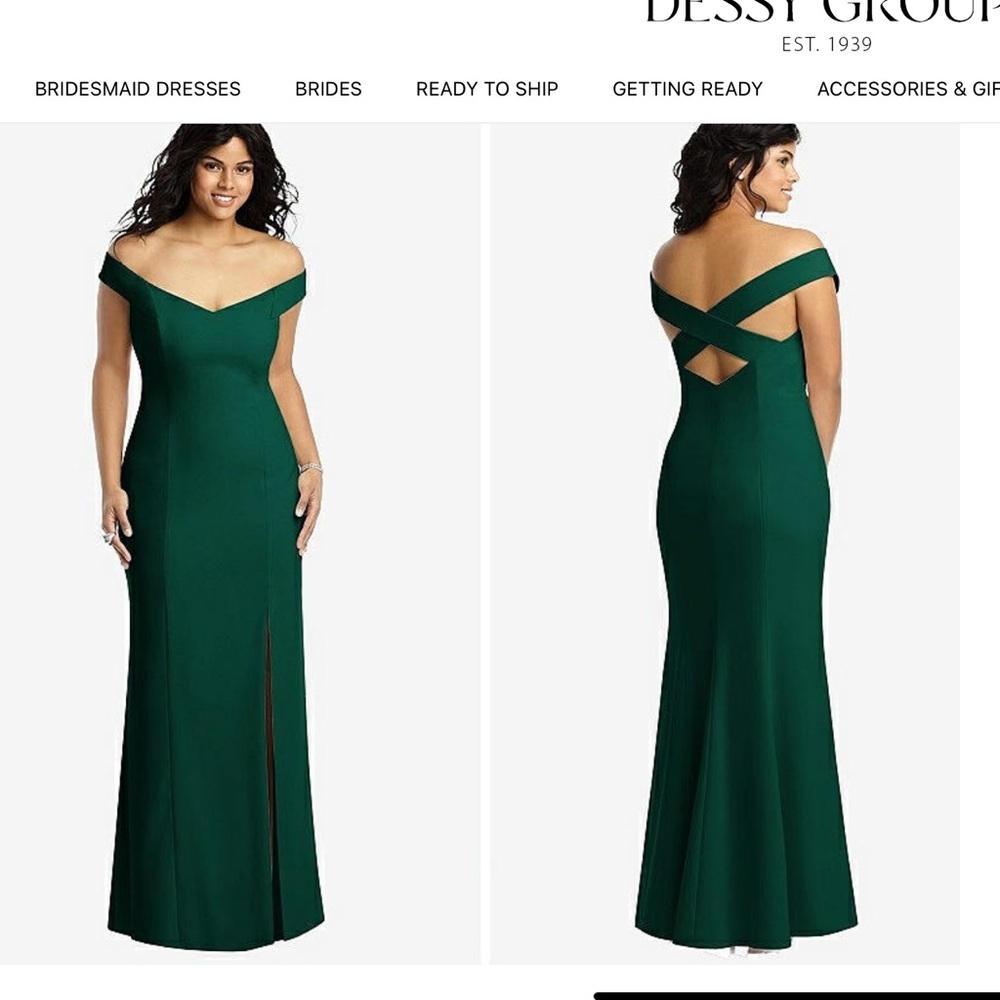 Dessy Collection Off The Shoulder Criss Cross Back Trumpet Gown Hunter Green 2